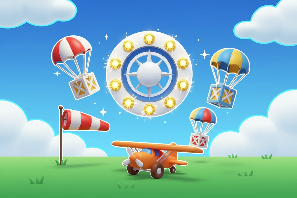 A sunny airfield with a compass wheel, parachute crates and a windsock
