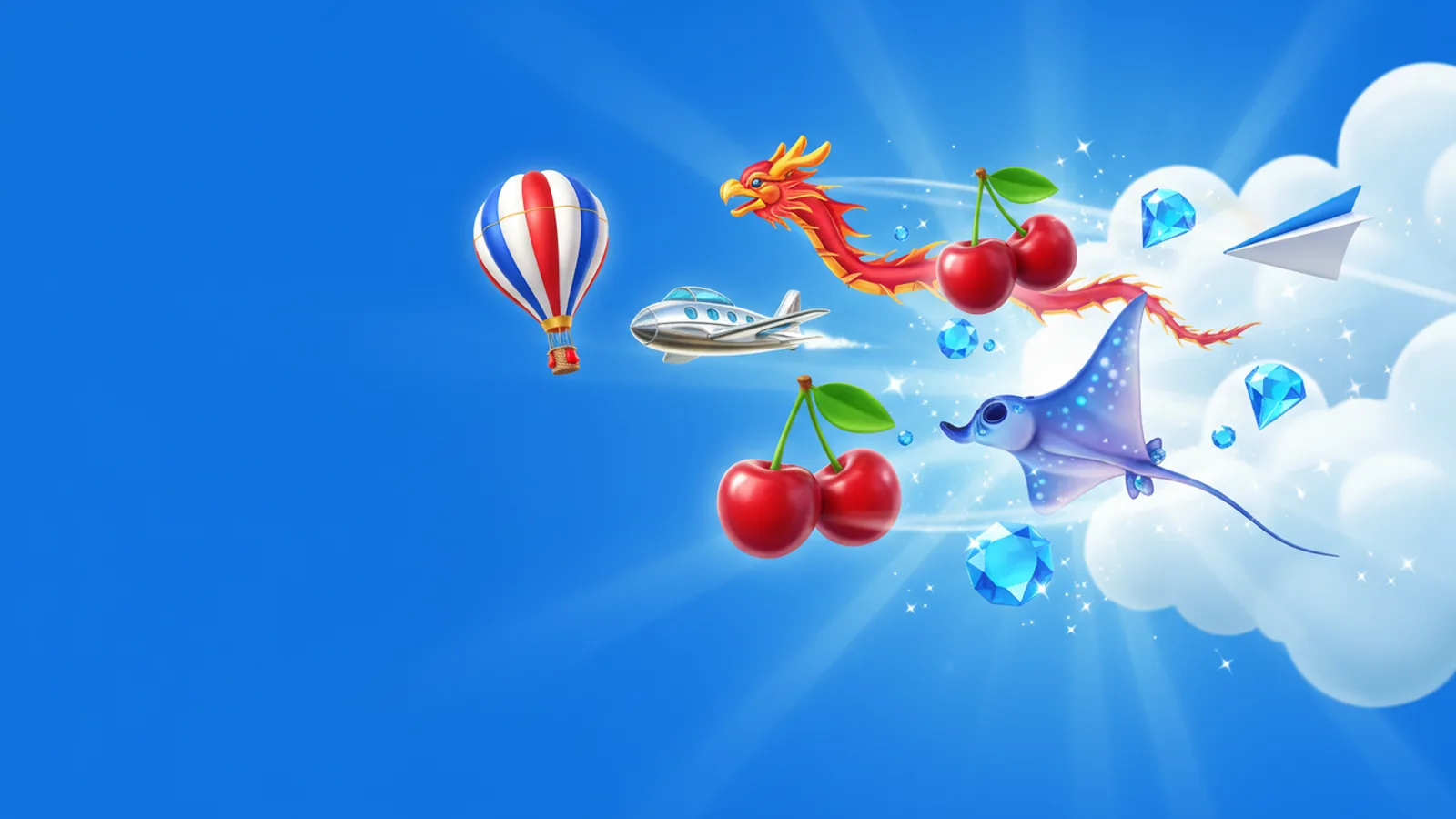 Glossy game objects flying through a bright blue sky: a striped balloon, a chrome jet, a dragon kite and a manta ray