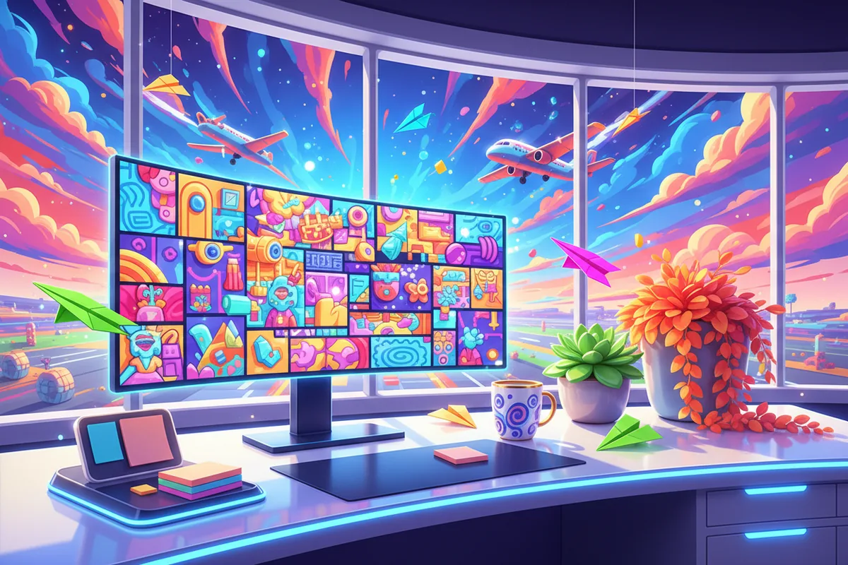 A bright studio desk by a window over an airfield, with paper gliders and game sketches on a monitor
