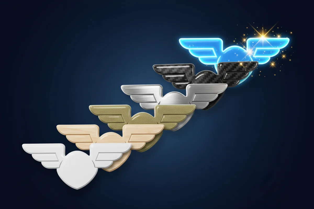 Six pilot wings badges from paper white to stratosphere blue